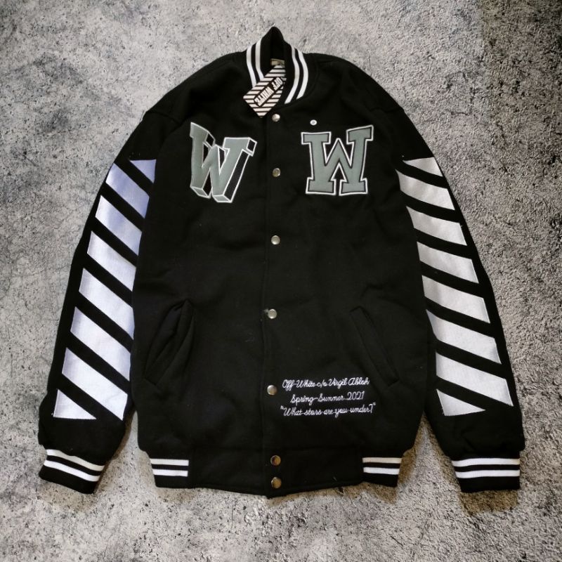 JAKET BOMBER VARSITY OFF WHITE HIGH QUALITY CASUAL HYPE FASHION PRIA