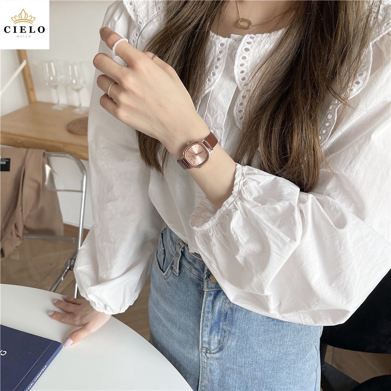 Cielo【COD】Automatic Watch Arloji Untuk Wanita dengan kotak Tali Kulit Klasik Stainless Square ORI Ins