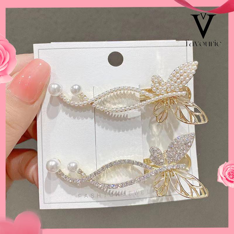 [COD]Kupu-kupu Poni Jepit Rambut Mutiara Imitasi Berlian Imitasi Sisi Atas Rambut Klip Temperamen Hiasan Kepala-FA