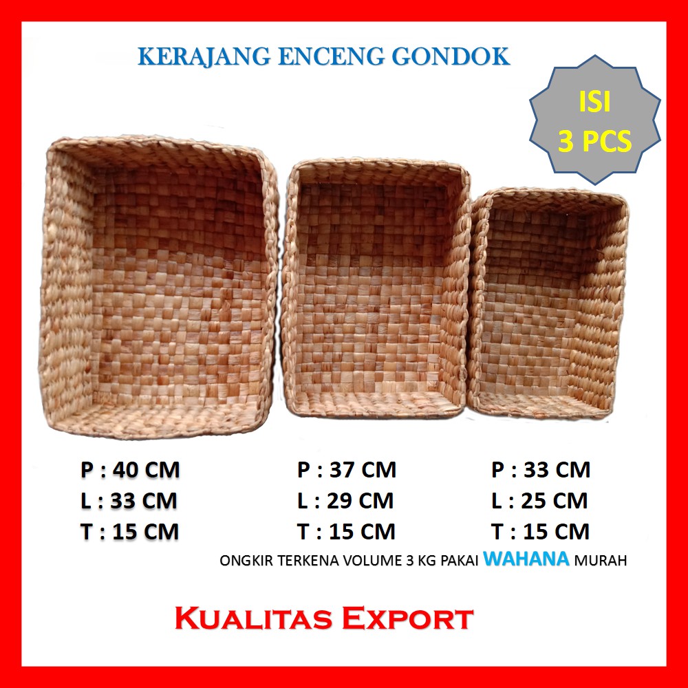 COD -  keranjang kotak serbaguna bahan enceng gondok set isi 3 / basket anyaman