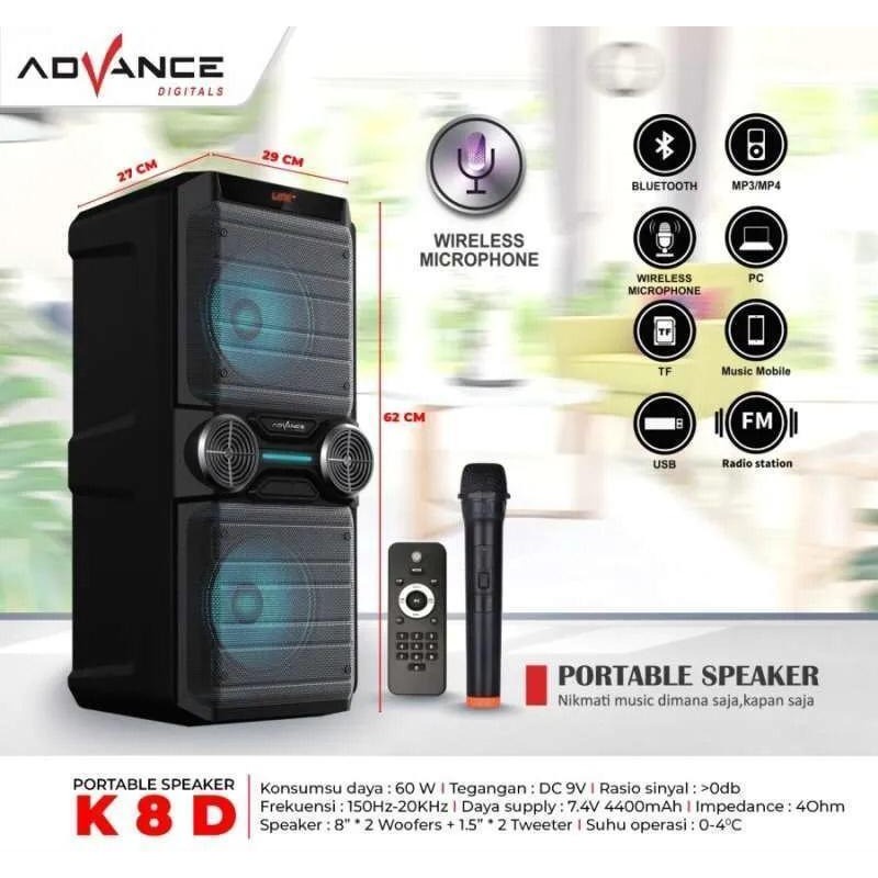 Advance Digitals K8D Speaker Bluetooh Meeting Portable Doble speaker 8 inch | Garansi Resmi 1 Tahun |