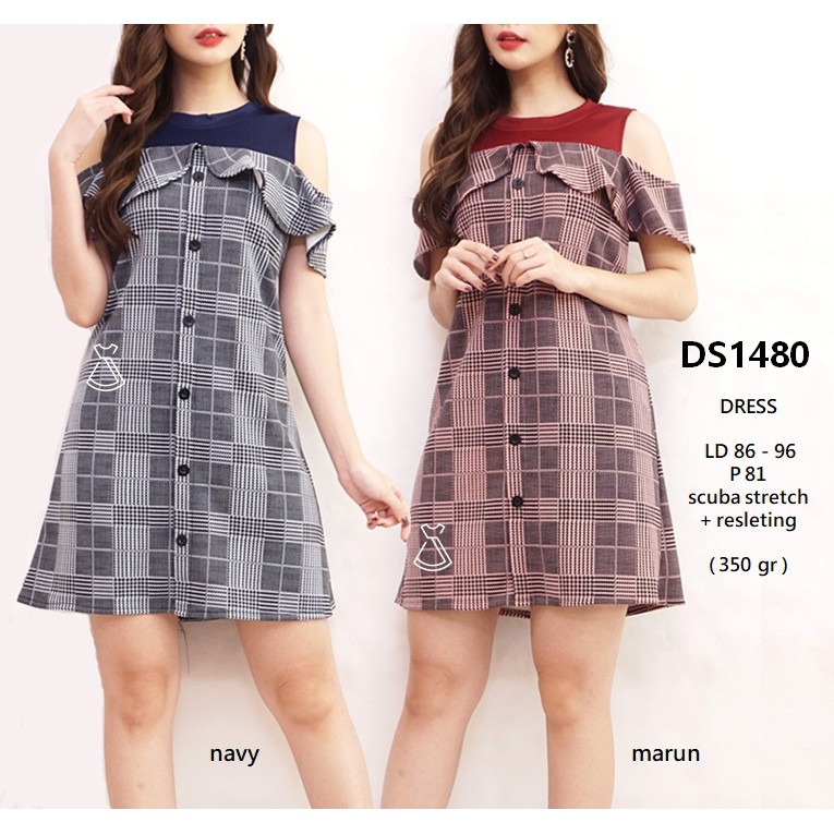 DS1480 - DRESS PESTA CUT OUT SABRINA MOTIF FLANEL  MIDI DRESS WANITA MODERN