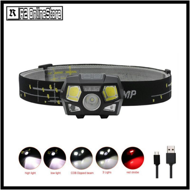 Senter LED Kepala Headlamp Flashlight Rechargeable USB + Motion Sensor XPE+COB 10000 Lumens -TaffLED