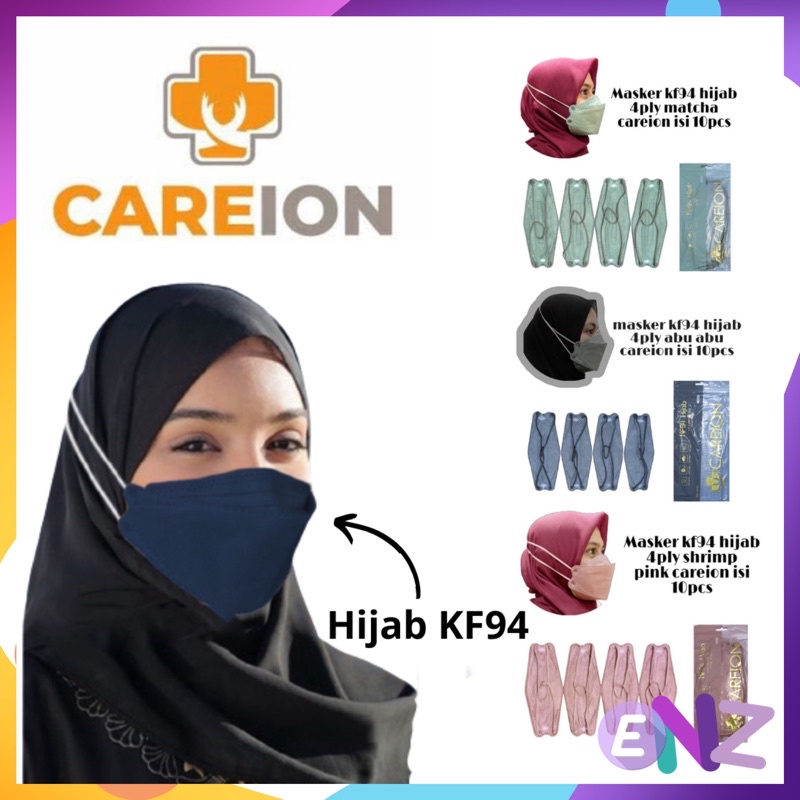 ENZ ® MASKER KF94 CAREION HIJAB HEADLOOP 4 PLY ISI 10 PCS CAREION 3D MASK WARNA DEWASA / KF94 HIJAB WARNA WARNI 1090