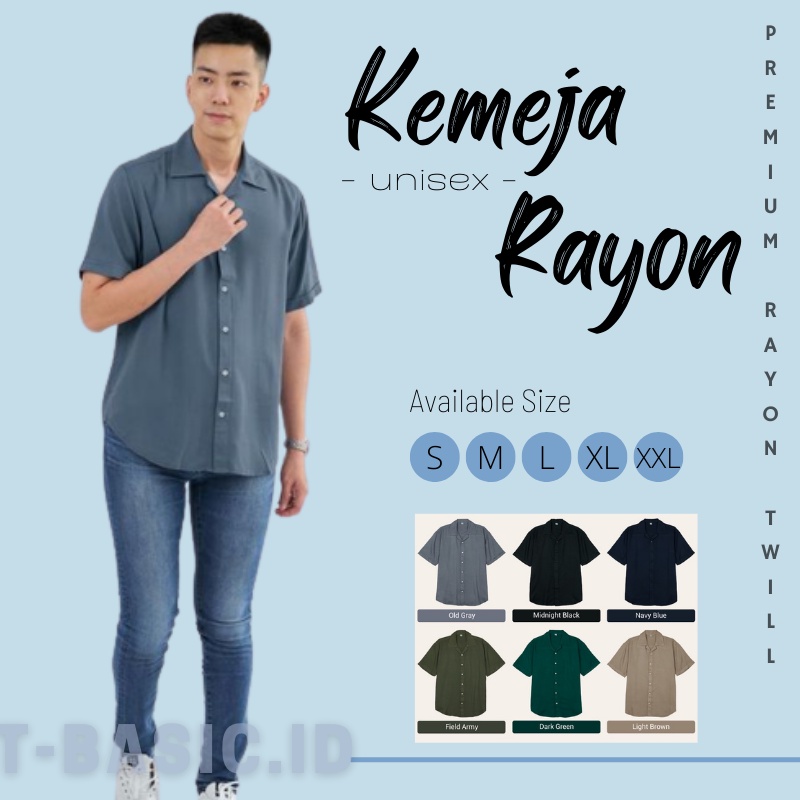 Kemeja Collar Shirt Bahan Rayon Pria Unisex Short Sleeve Tebal Premium Bahan Adem Jatuh Warna Hitam 