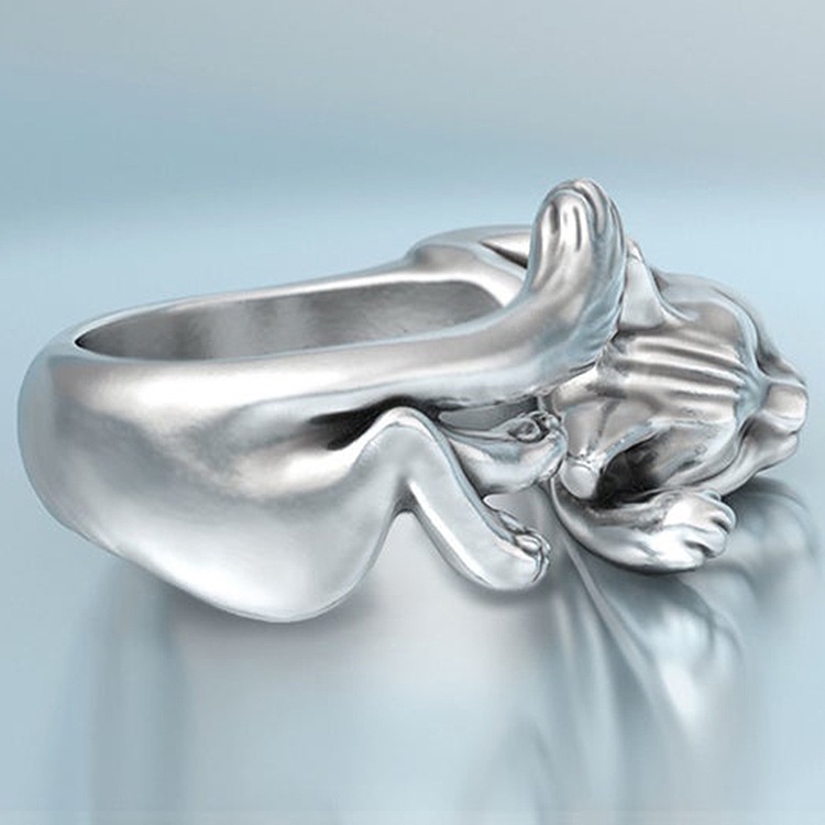 Cincin Model Terbuka Desain Kucing Hitam Totem Bahan Stainless Steel 925