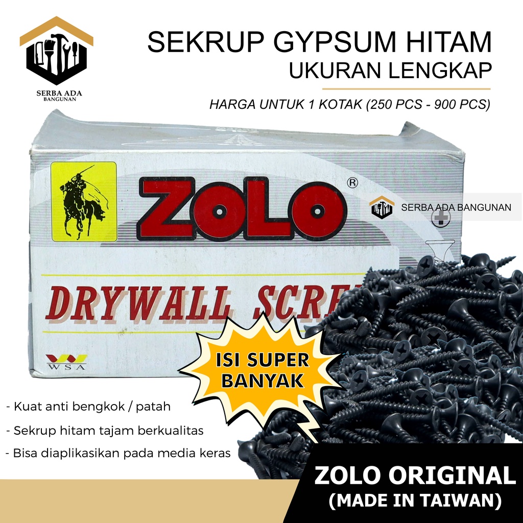 Skrup zolo 1 inch x 6 sekerap gypsum hitam bagus kuat