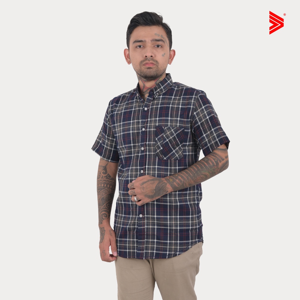 The Most Baju Hem Kemeja Flanel Pria Lengan Pendek Original Premium Impor Garis - Garis