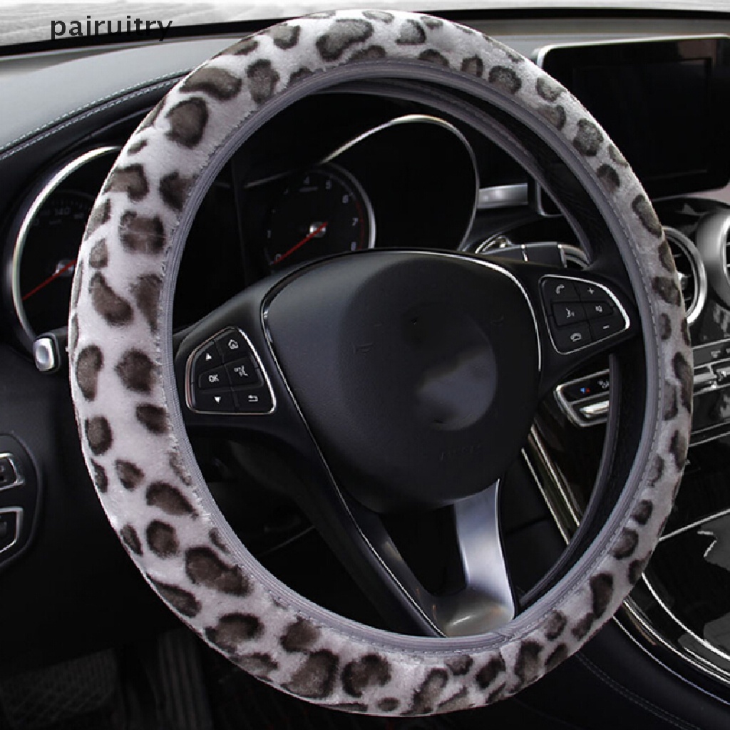 3pcs / Set Cover Stir Mobil Bahan Plush Motif Leopard Untuk Musim Dingin PRT