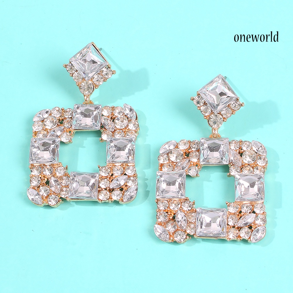 OW# Women Geometric Square Multicolor Rhinestone Eardrop Statement Stud Earrings Gift