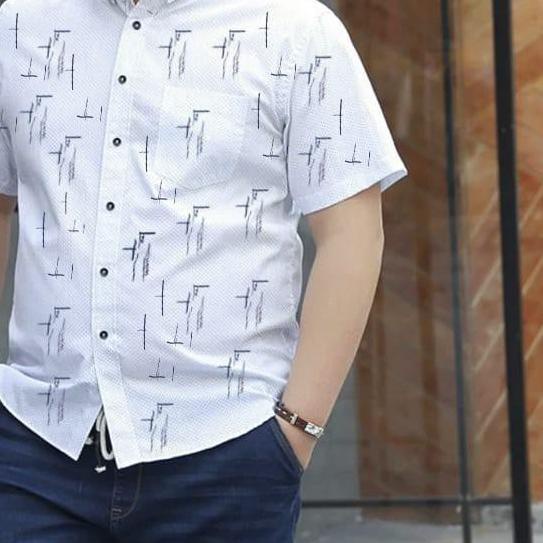 ➫ Kemeja pria cowok lengan pendek ukuran besar putih motif garis jumbo big size XXL murah casual ➧