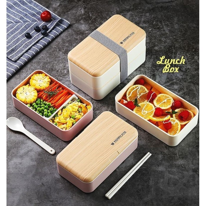 Jual set-box-lunch- lunch box tutup motif kayu, 2 susun, kotak bekal