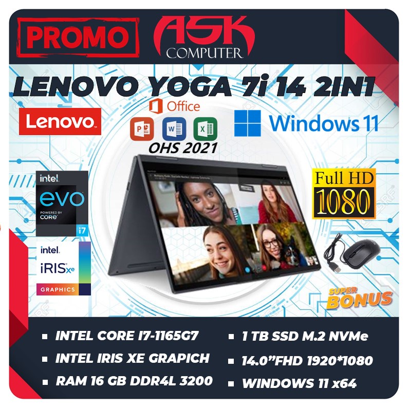 LENOVO YOGA 7i 14 2IN1 TOUCH I7-1165G7 16GB 1TBssd IRISXE 14.0FHD PEN Windows11+OHS 2021 Resmi