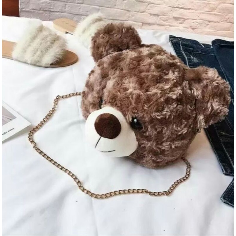 Tas Selempang Bulu Tas Bahu Boneka Kepala Beruang Fluffy Fur Bag Teddy Bear