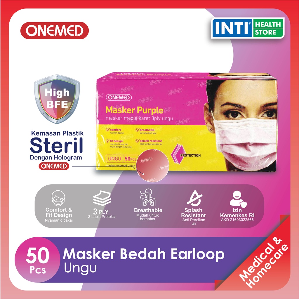 Onemed | Masker 3 Ply Earloop Medis | Earloop Surgical Mask | Warna Ungu