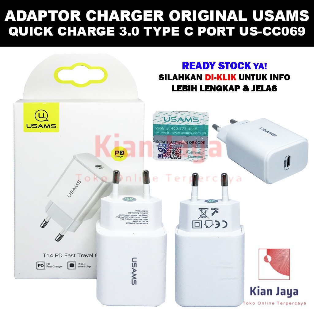 Charger usams T14 PD Fast Travel Adapter 18W USB Type C Port Original