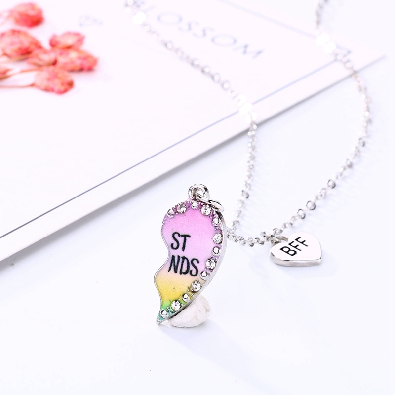2pcs / Set Kalung Rantai Liontin Hati Motif Tulisan Best Friends Aksen Berlian Imitasi Untuk Wanita
