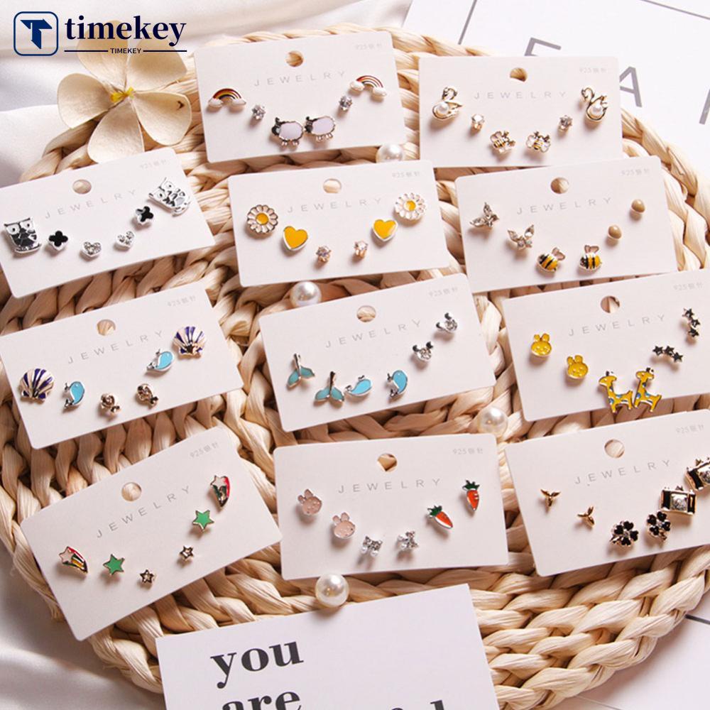 Timekey 3 Pasang Anting Tusuk Silver Desain Bunga Hias Zirconmutiara Untuk Wanita A2K2