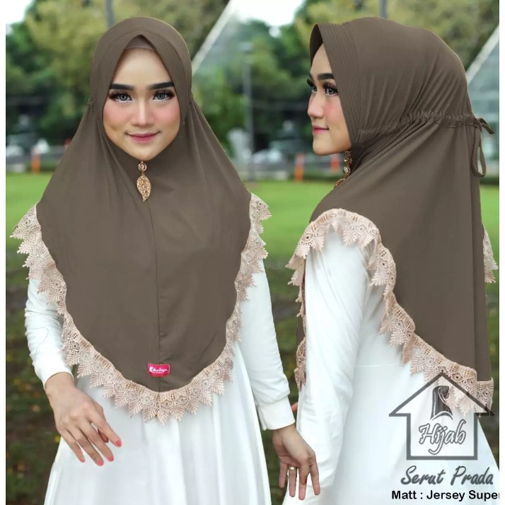 Jilbab Instan Serut Prada Renda Import Jersey Super Premium Model Bergo Terbaru-Mocca