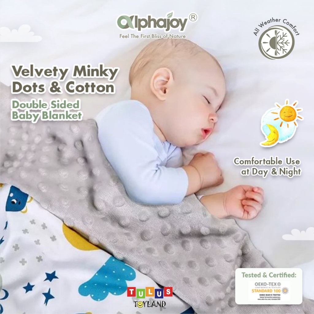 Selimut Bayi Alphajoy Velvety Minky Dots & Cotton Double Sided Baby Blanket Anak Balita OEKO TEX dua