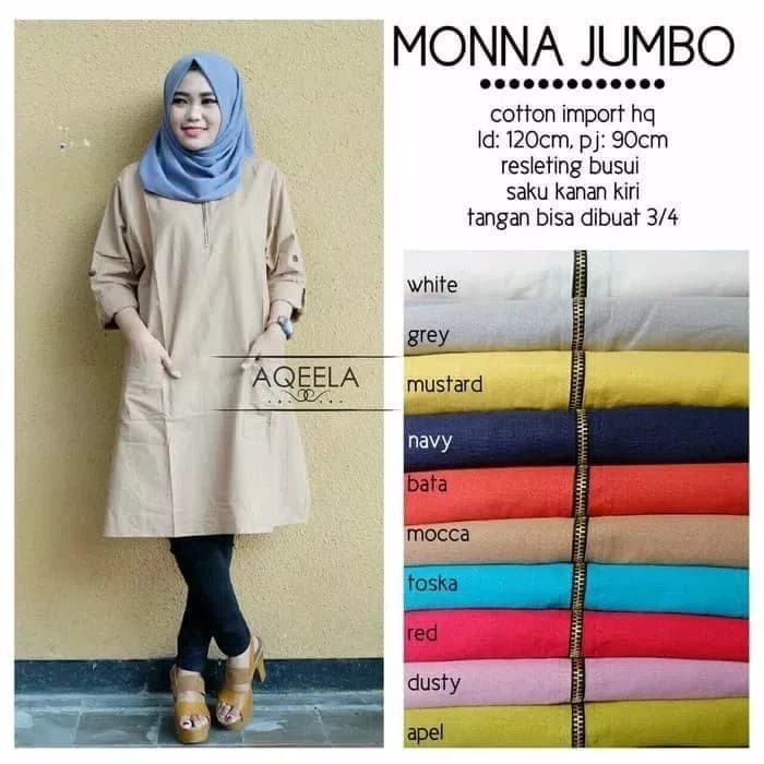 Baju Atasan Blouse Tunik Wanita Muslim Blus Monna Jumbo Putih Lengan Panjang Bigsize Katun Adem D8Y4
