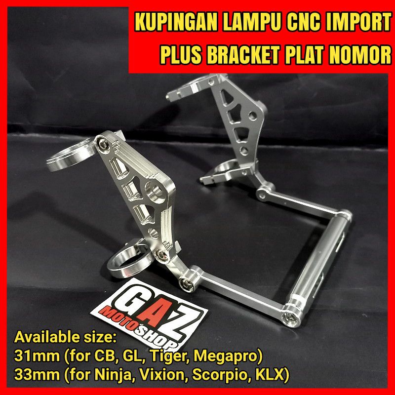 Bracket Kupingan Lampu CB CNC Pesek As 31 33 mm Plus Pangkon Dudukan Plat Nomor Flexible GL Megapro Tiger Ninja Vixion Scorpio