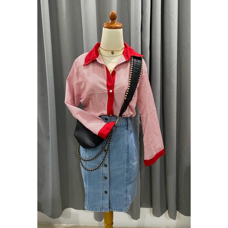 kemeja wanita garis merah putih