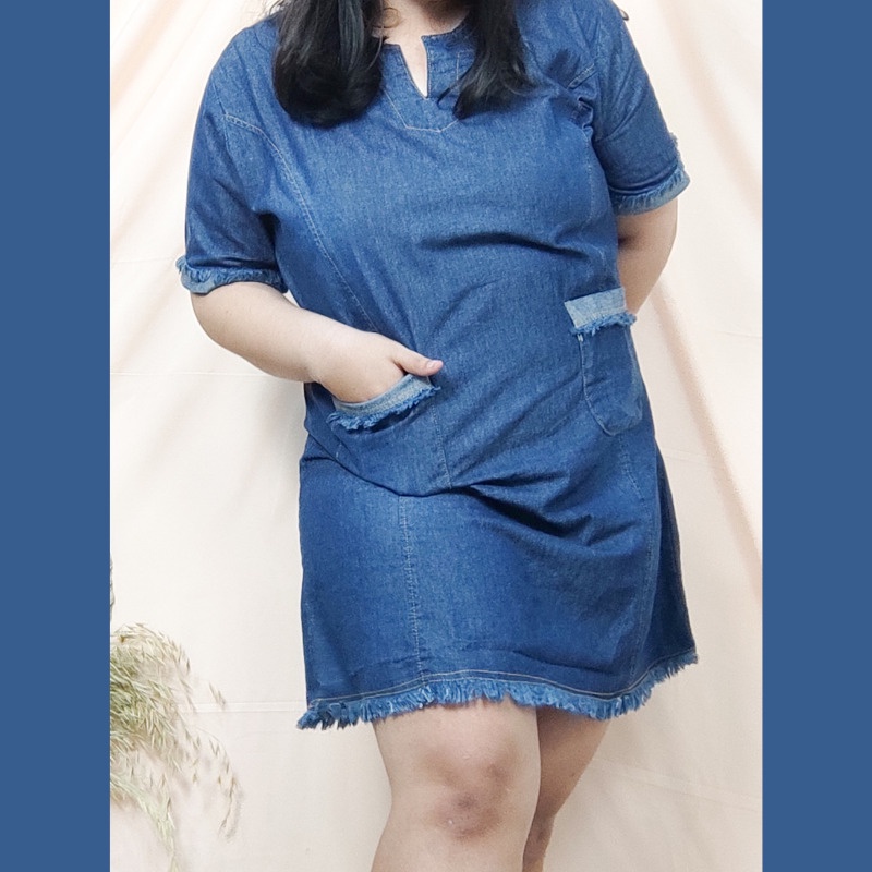 SB Collection Midi Dress Valerine Short Dress Jeans Wanita Jumbo All Size Biru Tua dan Muda