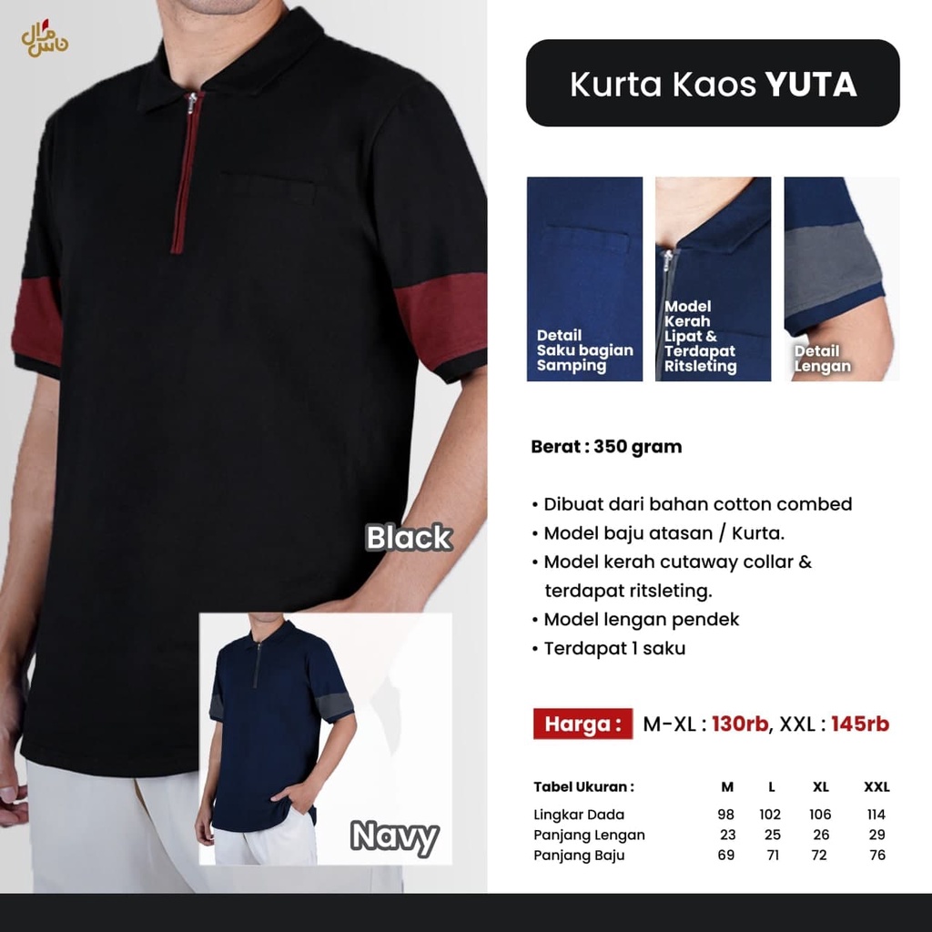 Kurta Kaos Pria Koko Navy Koko Hitam Dewasa Lengan Pendek Bahan Kaos Catton Combed GRATIS PECI