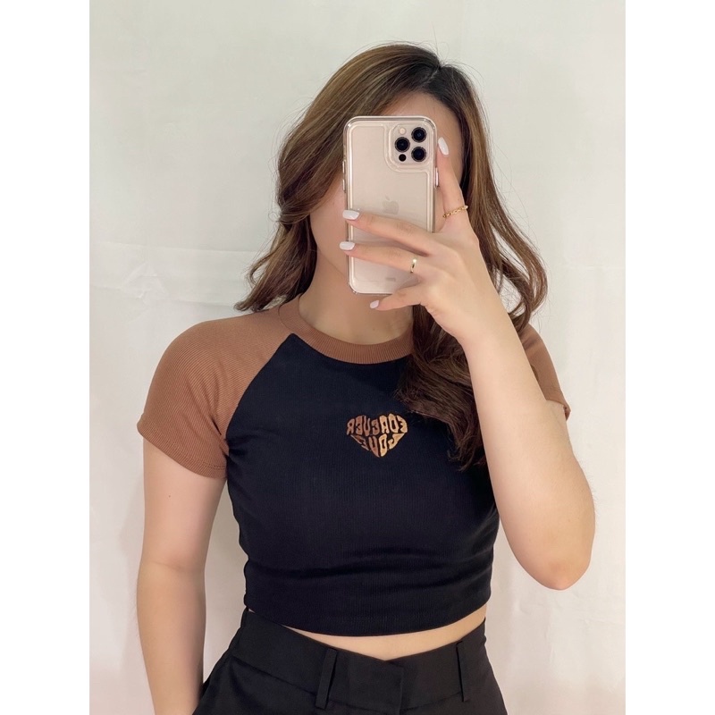 BEFAST - ZEC OOTD Kaos Crop TINA / Crop Top Forever Love RIB / Atasan Wanita Lengan pendek / Pakaian Kaos Crop Wanita / Crop Top Motif Love / Fashion Wanita Kekinian / Trendy / Tshirt Crop Terlaris