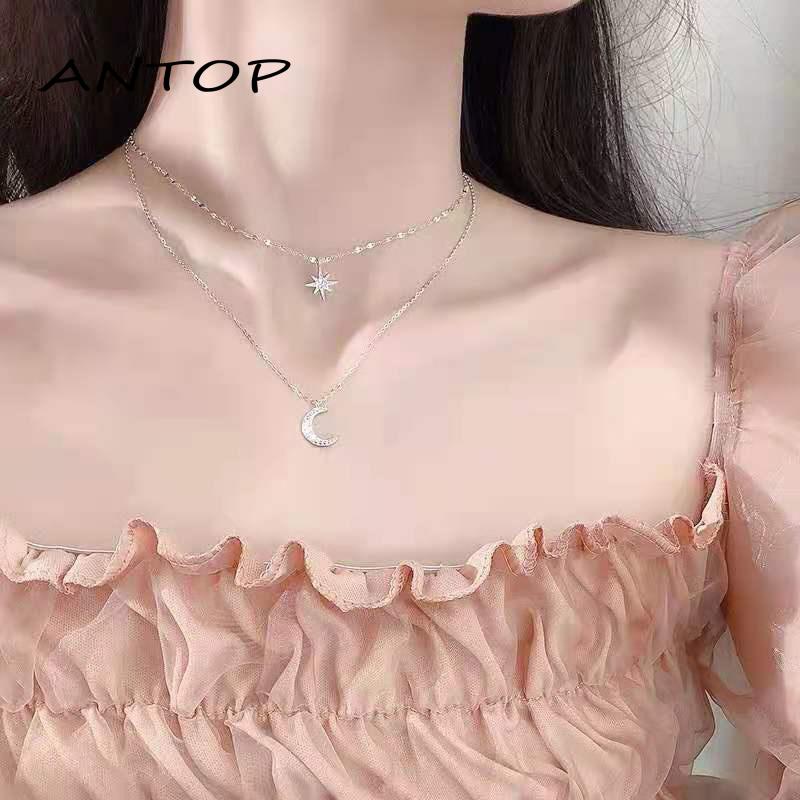 Kalung Rantai Double Layer Bentuk Bulan Bintang Untuk Wanita