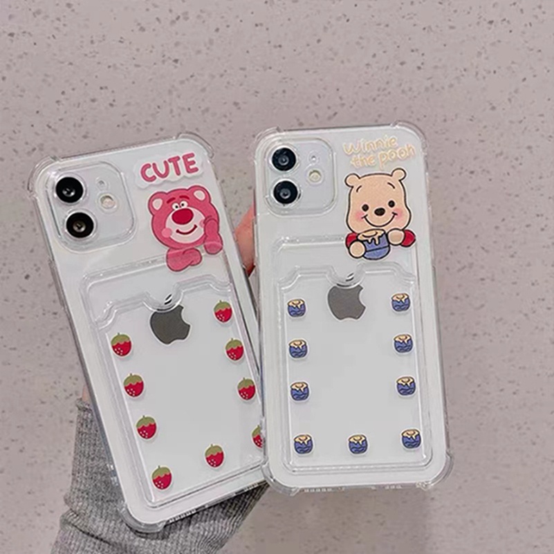 Lovely Pink Bear Card Holder Clear Phone Case for iPhone 13 12 11 Pro Max XR XS Max iPhone 7 Plus 8 Plus SE 2020 Anti-fall Wallet Card Protective Shockproof Soft TPU Back Cover