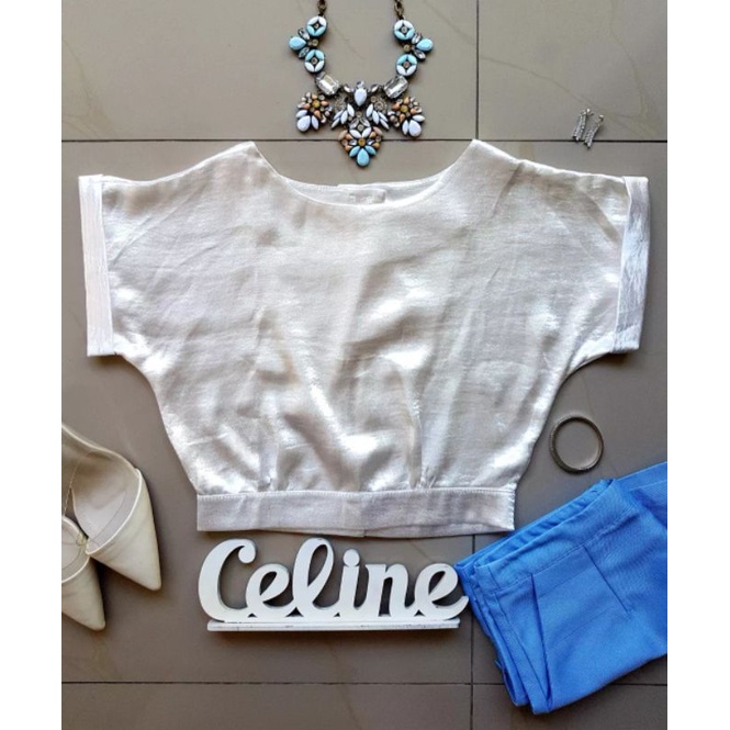 Baju atasan Crop Top Satin tebal Putih mengkilap wanita keren seksi trendy