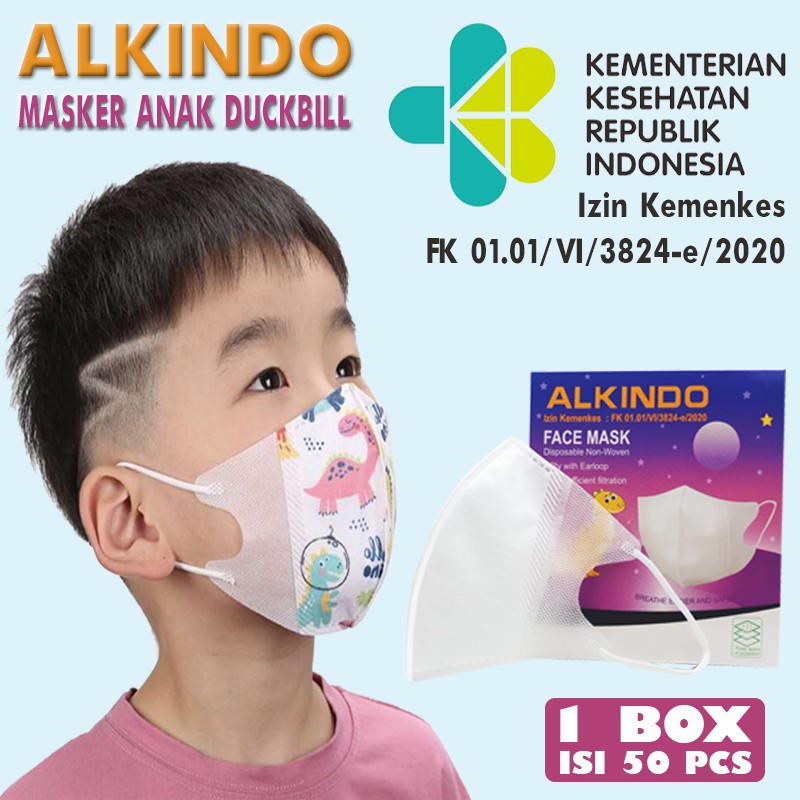 MASKER DUCKBILL ANAK 3PLY 1 BOX ISI 50 PCS ALKINDO MASKER MEDIS POLOS  SURGICAL FACE MASK MURAH COD