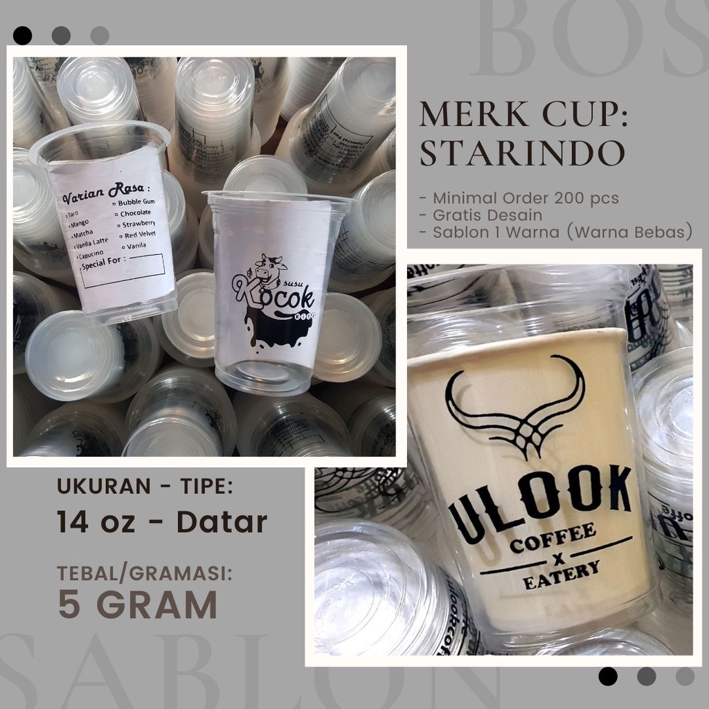 Sablon Cup 12,14, 16, 18, 22 oz - Oval (U Cup) & Datar - Tebal Cup 5, 7, 8, 10 gram - Minimum Order 