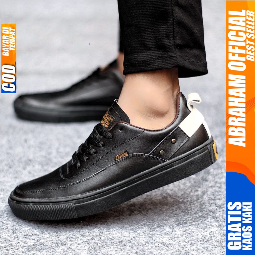 Sepatu Casual Pria Sneakers Hitam Kasual Kulit Asli Kerja Kuliah Kantor Kondangan Pesta Fashion Shoes Terbaru Sneker Original CYRE ABRAHAM