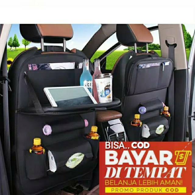 Car Seat Organizer Plus Meja Lipat Tas Multi Fungsi Belakang Jok KULIT Premium