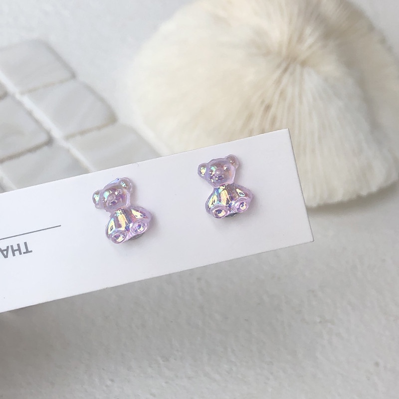 Anting stud S925 Bentuk Beruang Mini Warna-Warni Permen Biru Putih Pink Ungu Oranye