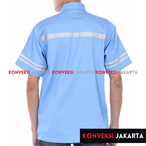 Baju Kerja Wearpack Kemeja Safety K3 Proyek Tambang Lengan Pendek  - Pakaian Seragam Werpak Kerja Atasan Scotlite Lapangan Pendek Warna Biru Telor Asin Pria Wanita