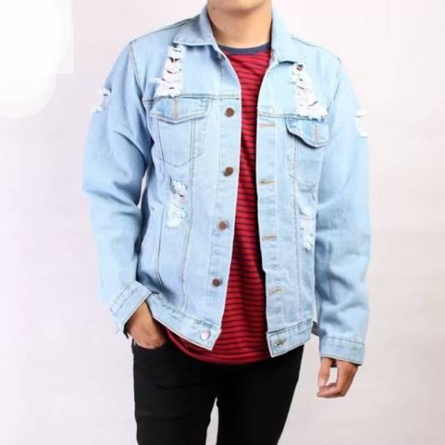 Jaket Jeans Pria Sobek Bioblit / Jaket Jeans Ripped Pria Biru Muda