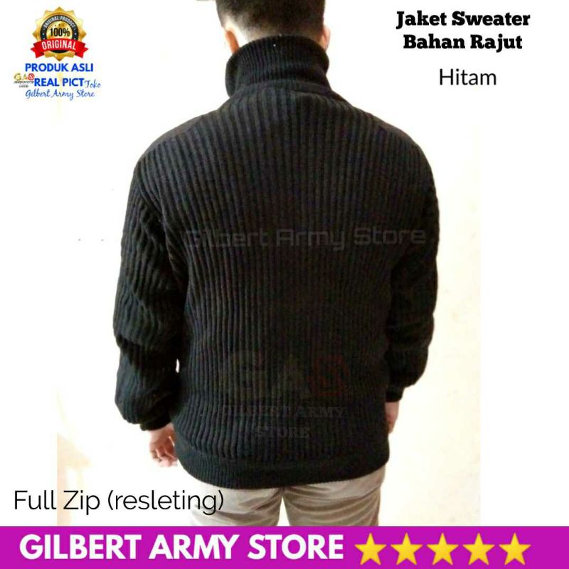 GILBERT ARMY STORE Sweater Hitam Polos Pria Rajut Tni Polri Jumbo L,XL,XXL Full Zip Resleting Kualitas Premium