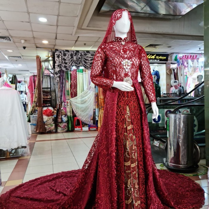 Baju Pengantin Wedding Dress Muslimah Jawa India gaun slim full payet - maroon, All Size