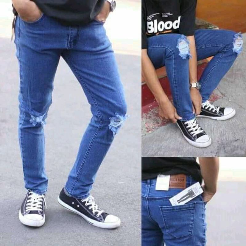 Celana Jeans Pria sobek lutut robek ripper premium bioblitz hitam size 27-38 slimfit levis pria