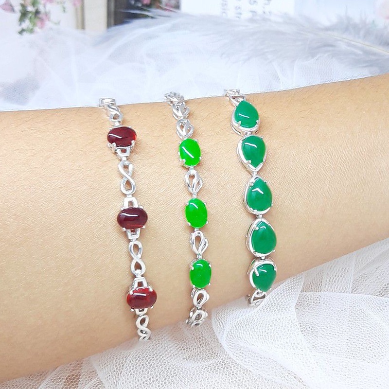 Gelang Xuping Asli Silver Batu Giok Imitasi Merah Hijau Lapis Emas Putih - BB483