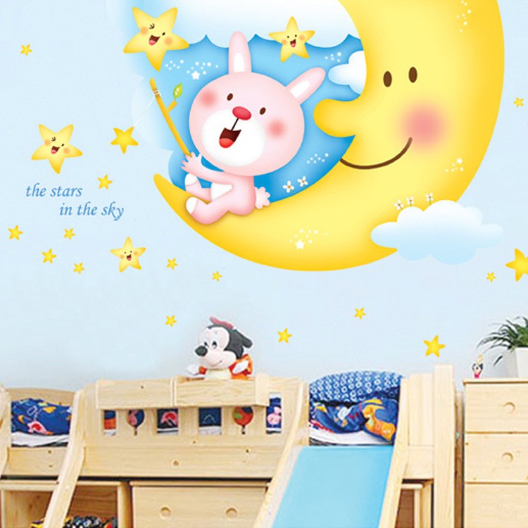 RELIZA WALLSTICKER BULAN SABIT AWAN SMILE ANAK KIDS NICE DREAM ANGKASA BINTANG BIRU KUNING SKY STARS