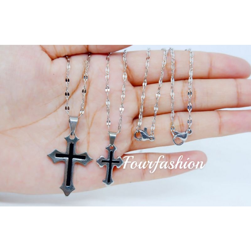 FF Kalung Titanium Set Liontin Salib Perhiasan Rohani Kristen Katolik Rosario Corpus Kalung Salib TS017