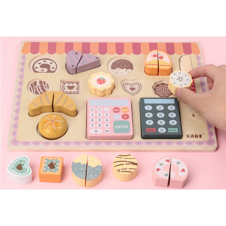 KABI Wooden BAKE SHOP Board Puzzle Game / Mainan Kayu Pretend Play Anak Masak-Masakan / Mainan Pretend Play Kasir Cake Bakery / Mainan Toko Roti Anak / Mainan Edukasi Puzzle Kayu Berkualitas