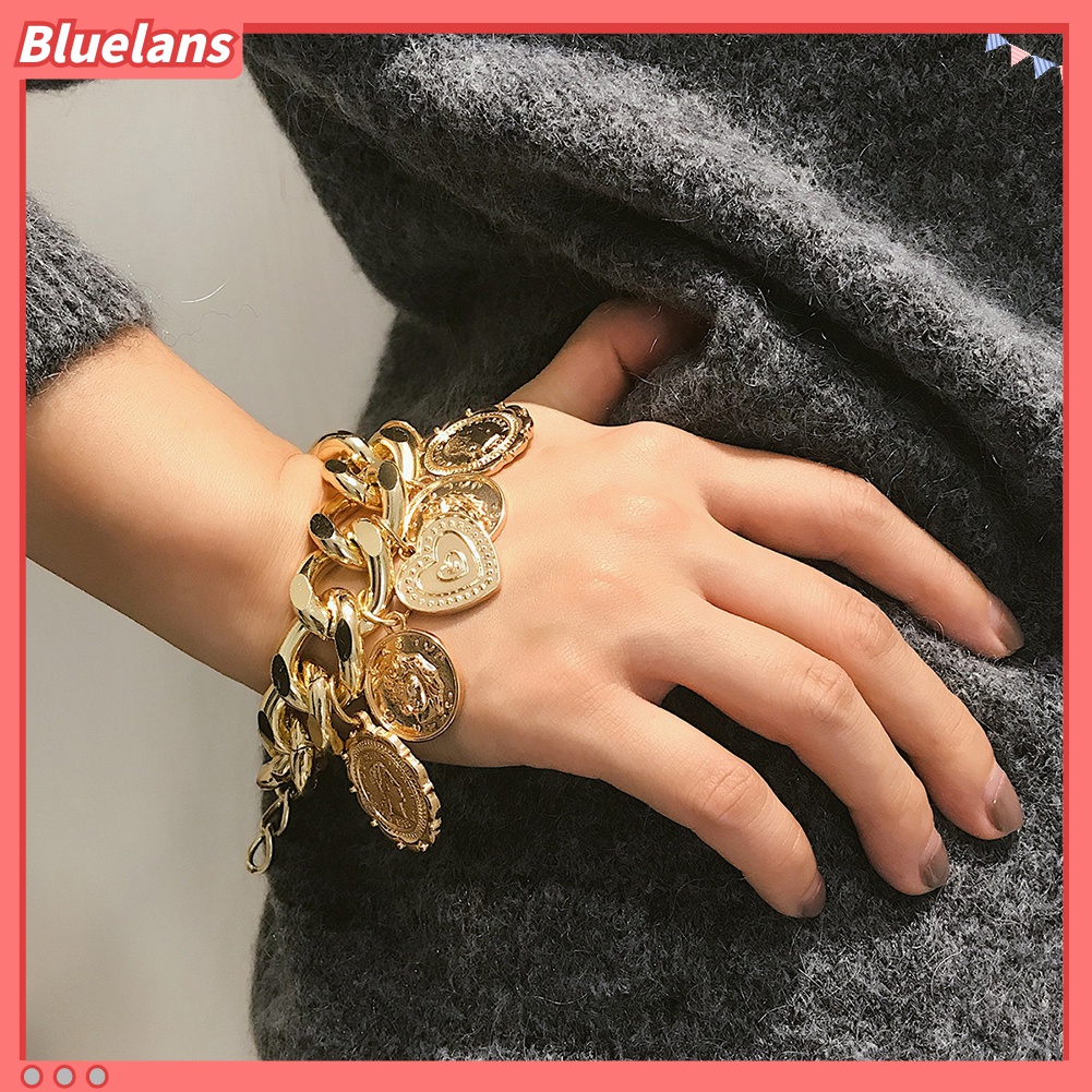 Gelang Rantai Liontin Koin Hati Menjuntai Gaya Hip-Hop Untuk Wanita