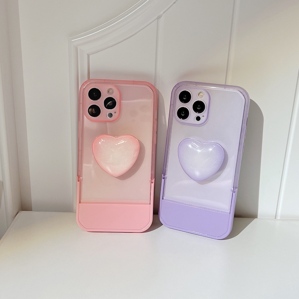 IPHONE 3d Love Heart Holder 2in1 Invisible Lipat Bracket Transparan Phone Case Cover Untuk Iphone7 8 PLUS X XR XS 11 12 13 14 PRO MAX SE 2020