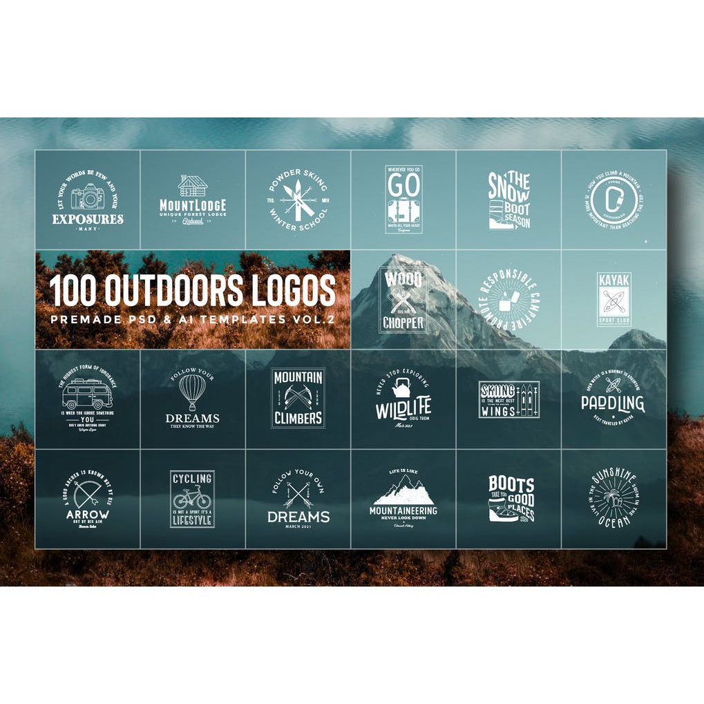 100 Outdoors Adventurers Logos Ilustrations - Photoshop &amp; Illustrator